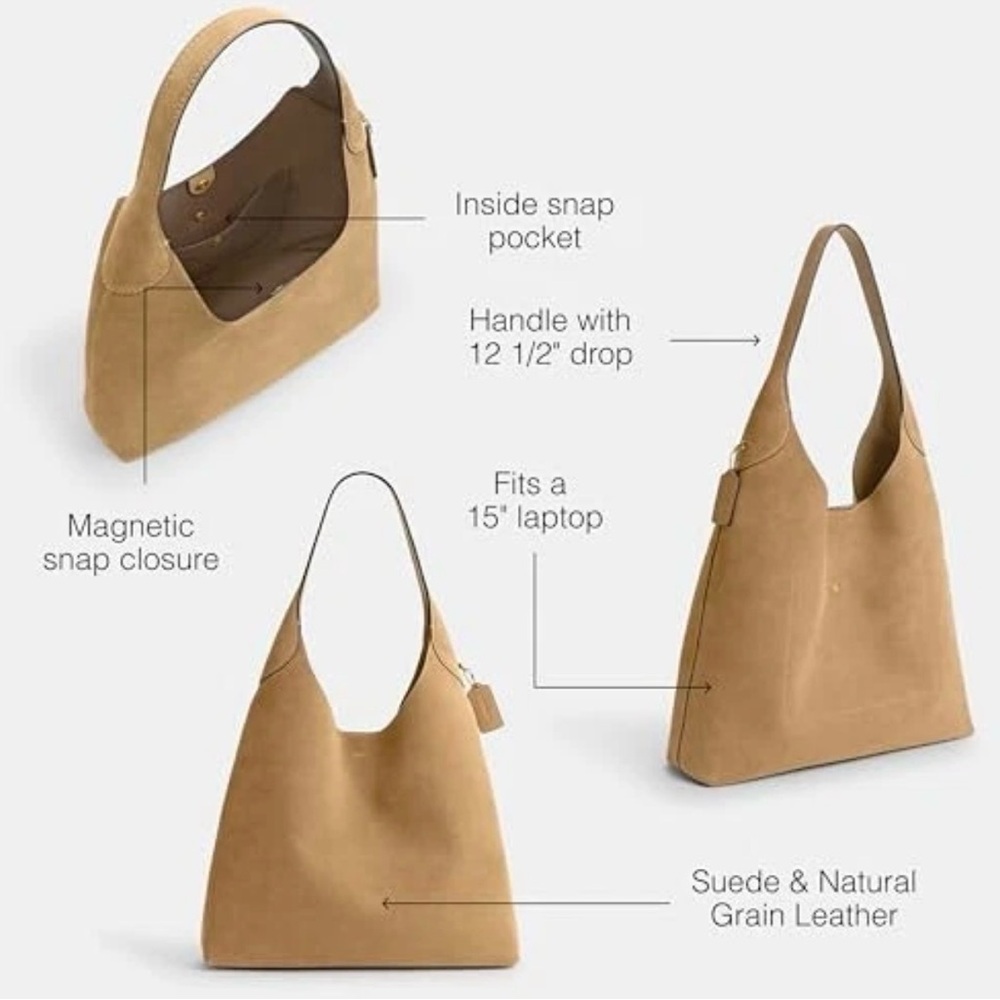 Coach Brooklyn Shoulder Bag 39 large suede Sand/Gold  a free scarf &chain NWT - Picture 14 of 16